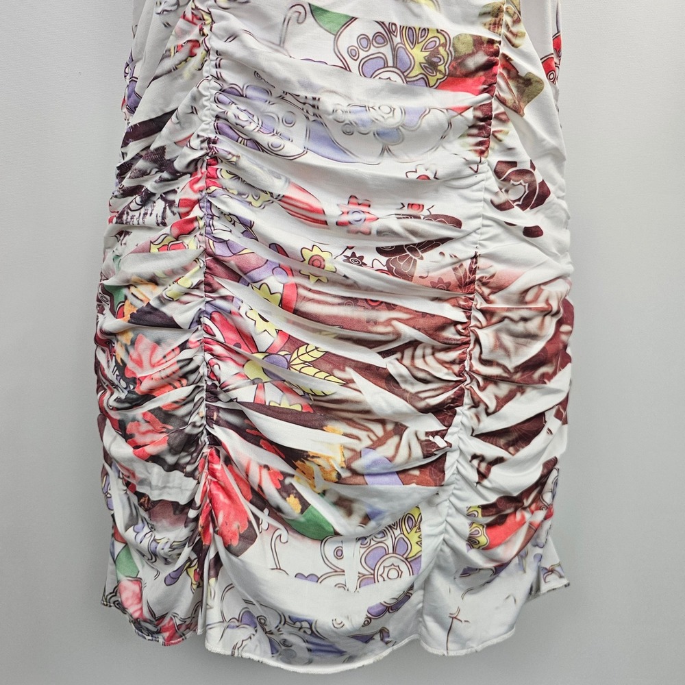 Y2K La Teen Mini Dress L White Pink Graphic Print Ruched Bodycon Babydoll NEW - Picture 10 of 12